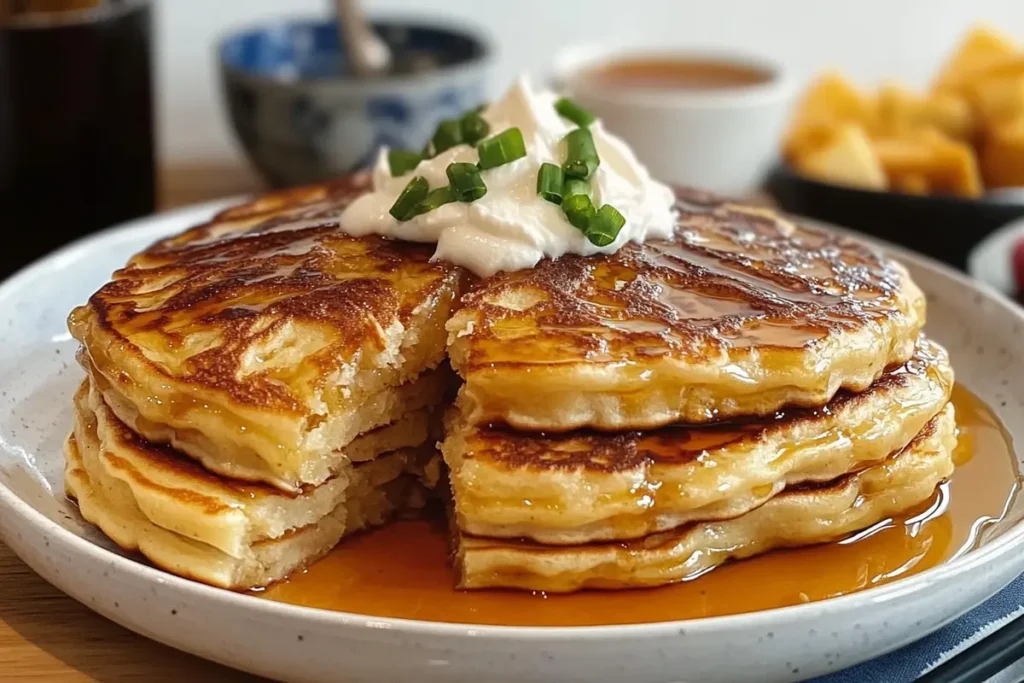  Close-up of a taro flavored pancake recipe being flipped on a griddle.