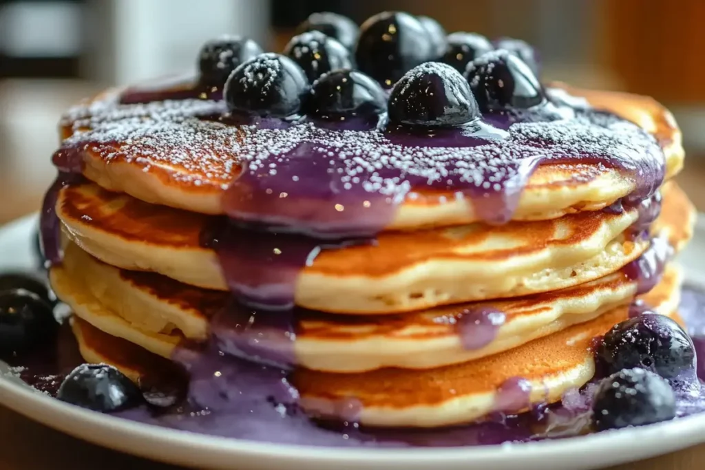 Taro flavored pancake recipe with various toppings like coconut flakes and honey.