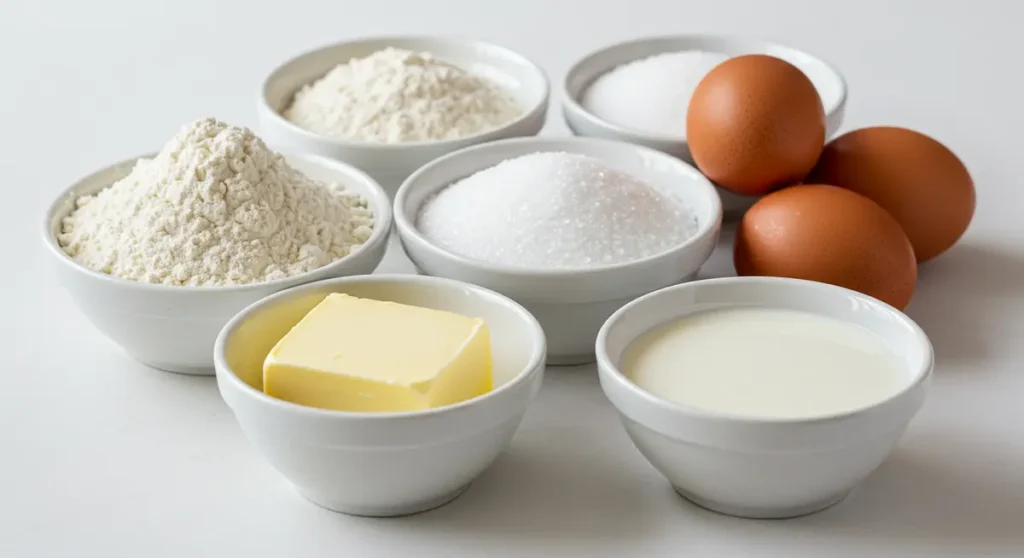 A detailed shot of what are the 5 main ingredients in cake, focusing on texture.