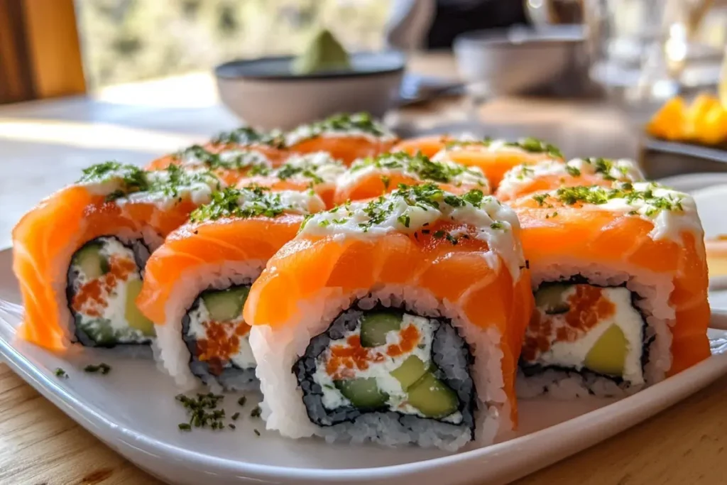Delicious Alaska roll sushi pieces on a plate. Title: Alaska Roll Sushi Platter