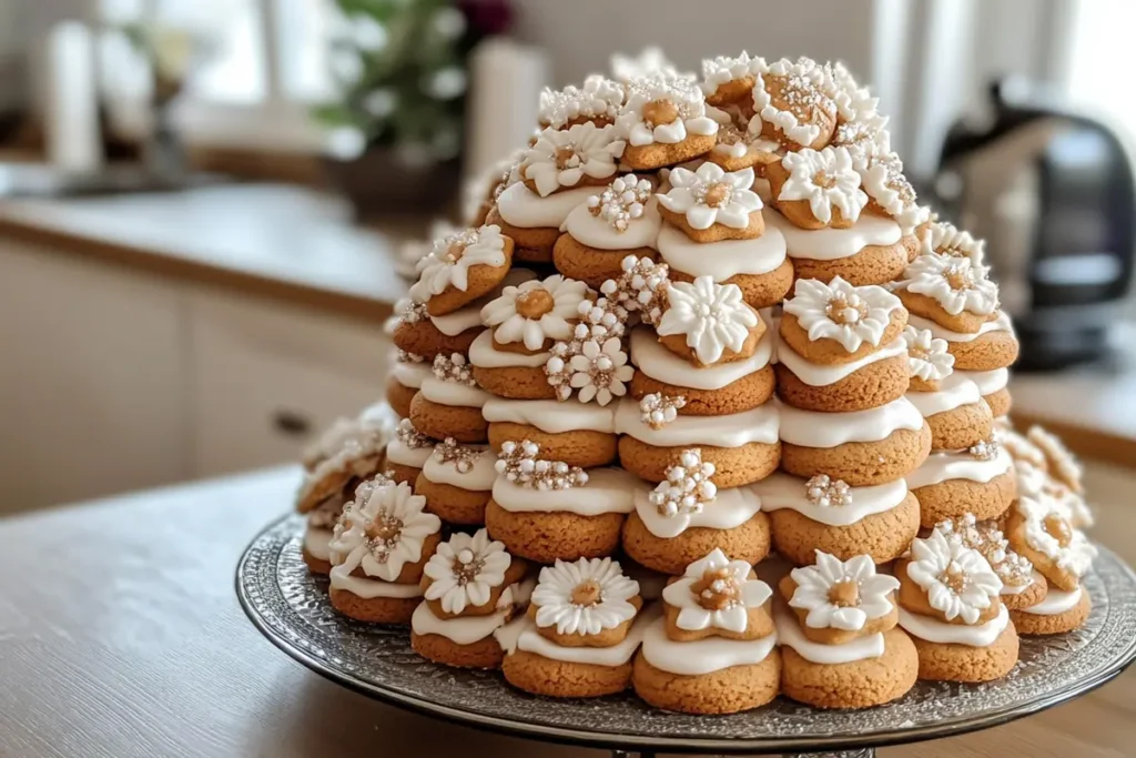 What does a cookie wedding cake look like? Individual cookie cakes as wedding favors.