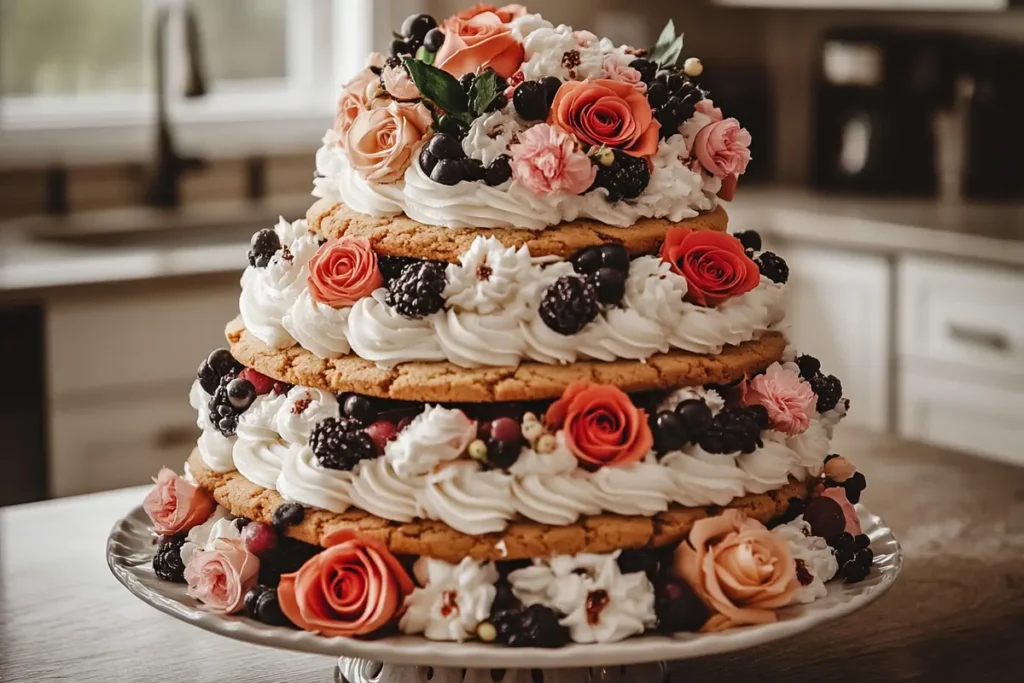 What does a cookie wedding cake look like? A close-up of a cookie cake bar