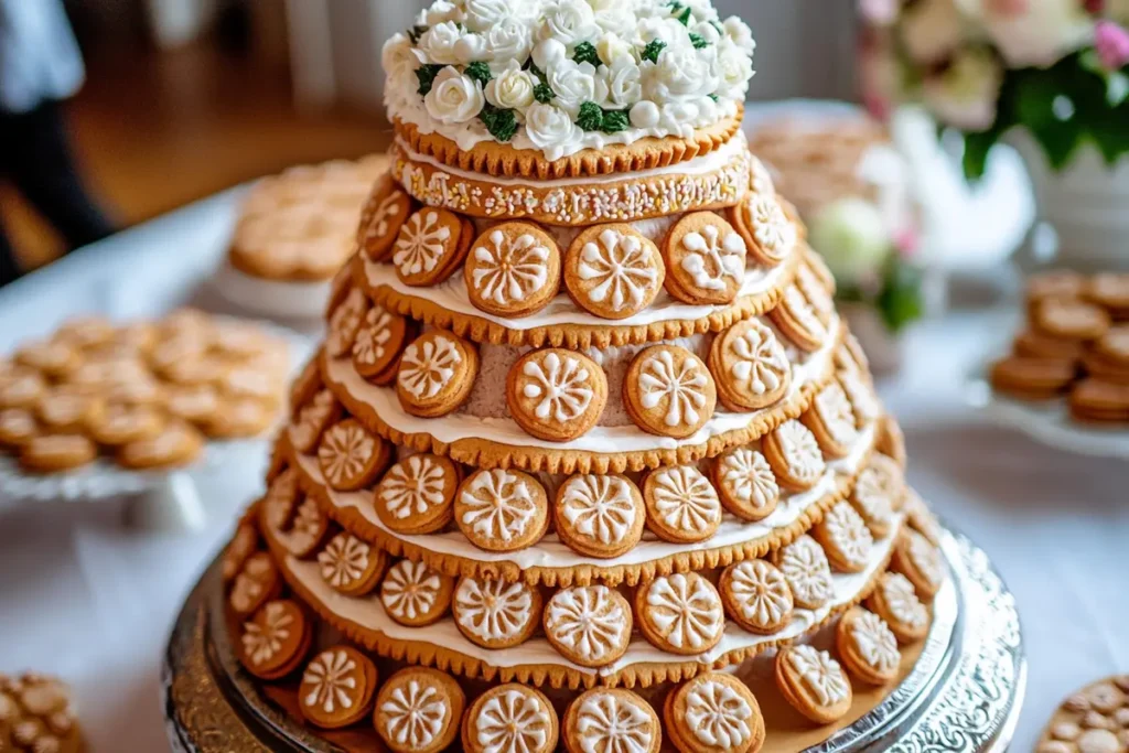 What does a cookie wedding cake look like? A single-layer cookie cake with a rustic design.